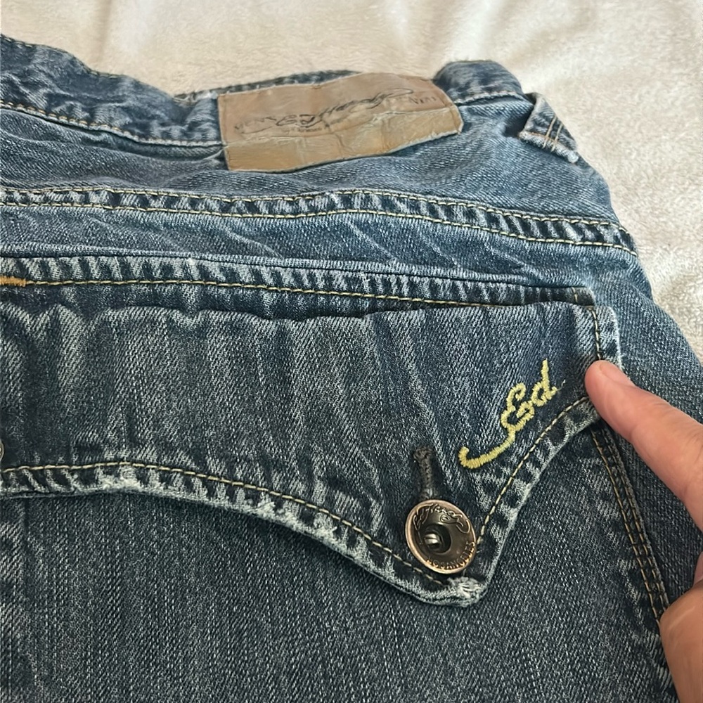 Well used Ed Hardy Denim.  The wear only adds to the character of these jeans!